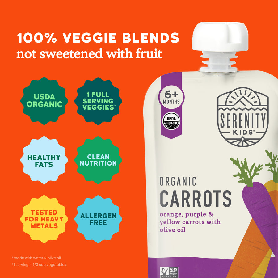 Serenity Kids organic carrots packaging with product features on an orange background