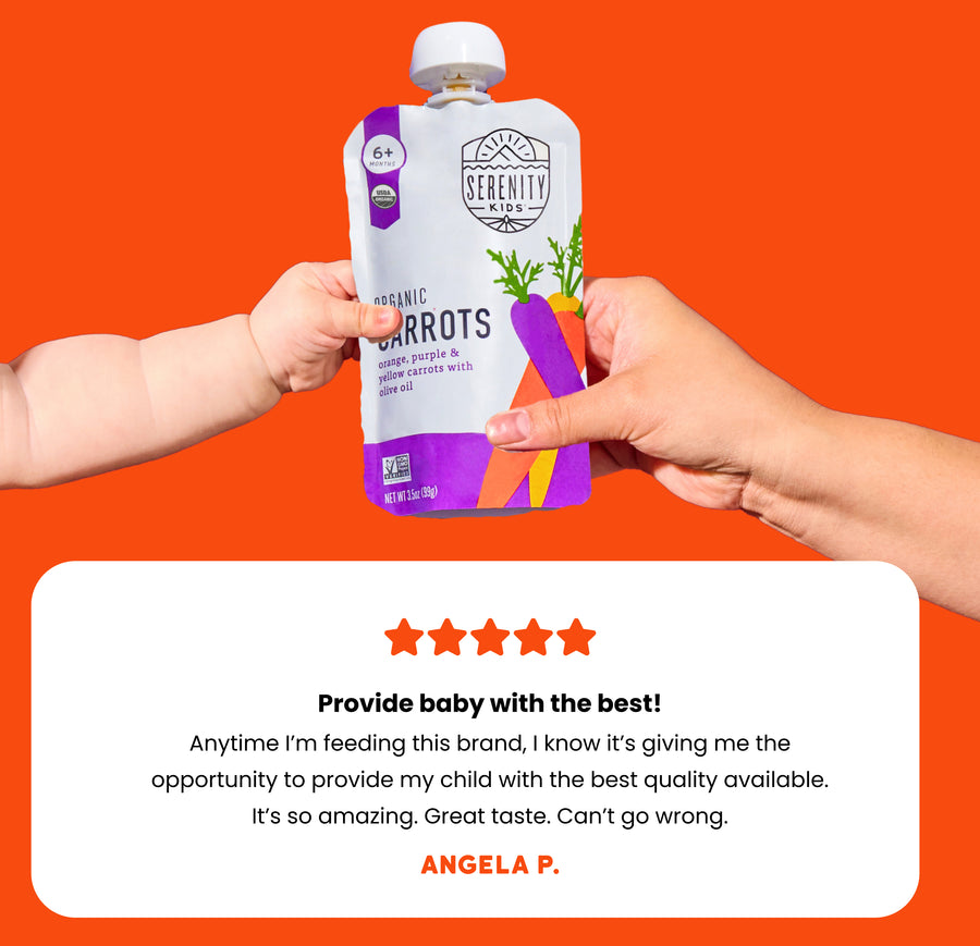 Serenity Organic Carrots pouch being handed to a child against an orange background with a five-star rating and review.