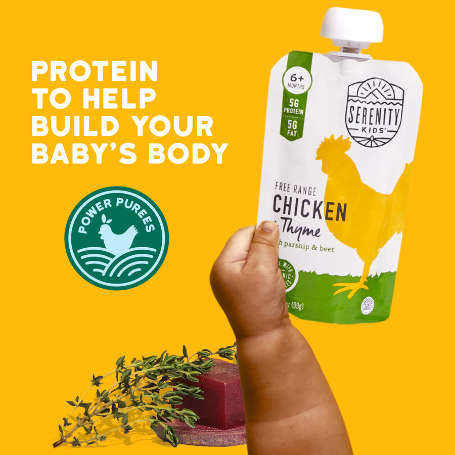 Serenity Kids protein pouch with a hand holding it against a yellow background