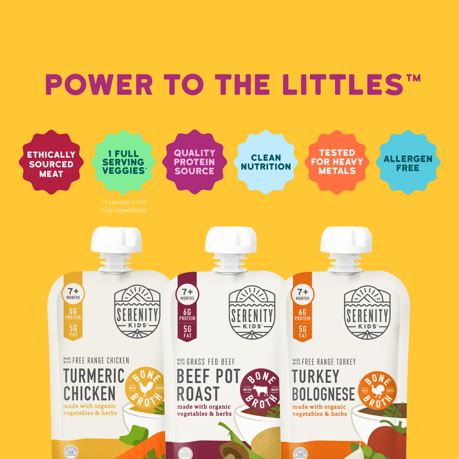 Serenity Kids food packaging with product names and features on a yellow background