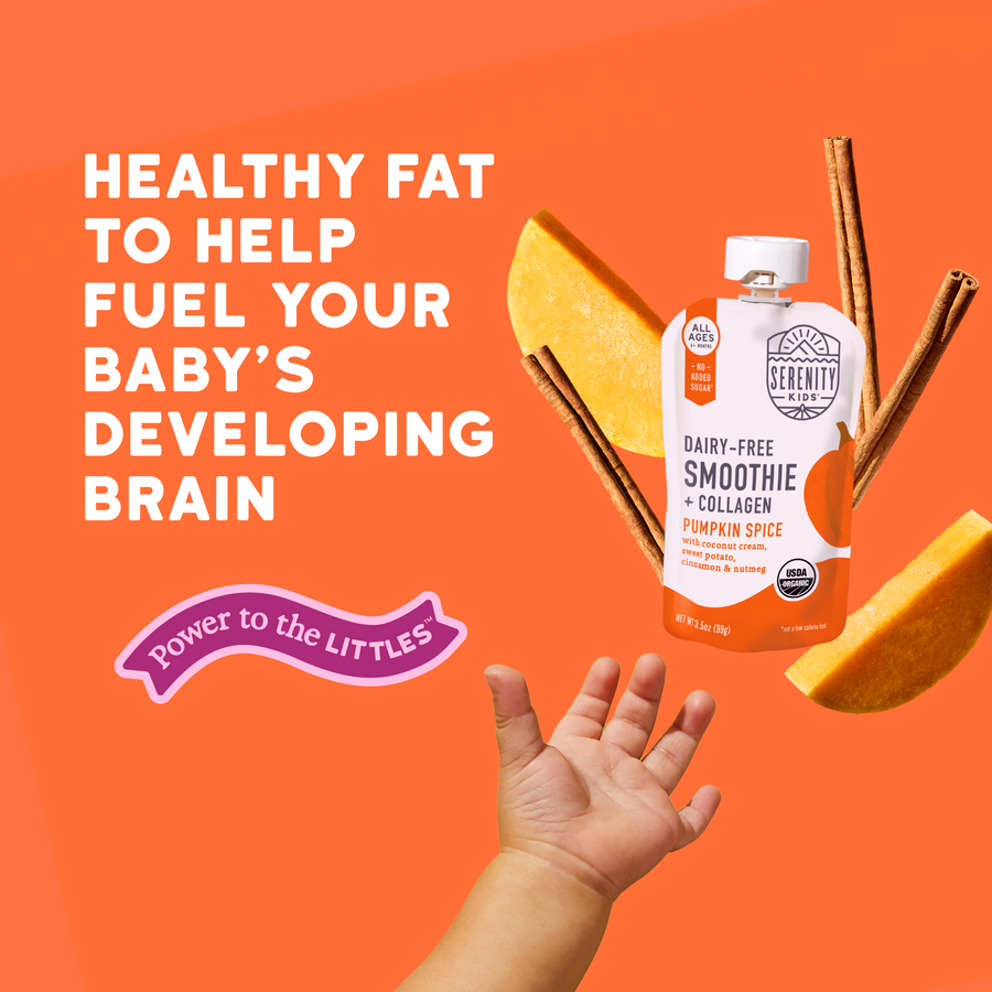 Serenity Kids smoothie package with pumpkin spice flavor on an orange background, featuring text about healthy fats for babies' brains.