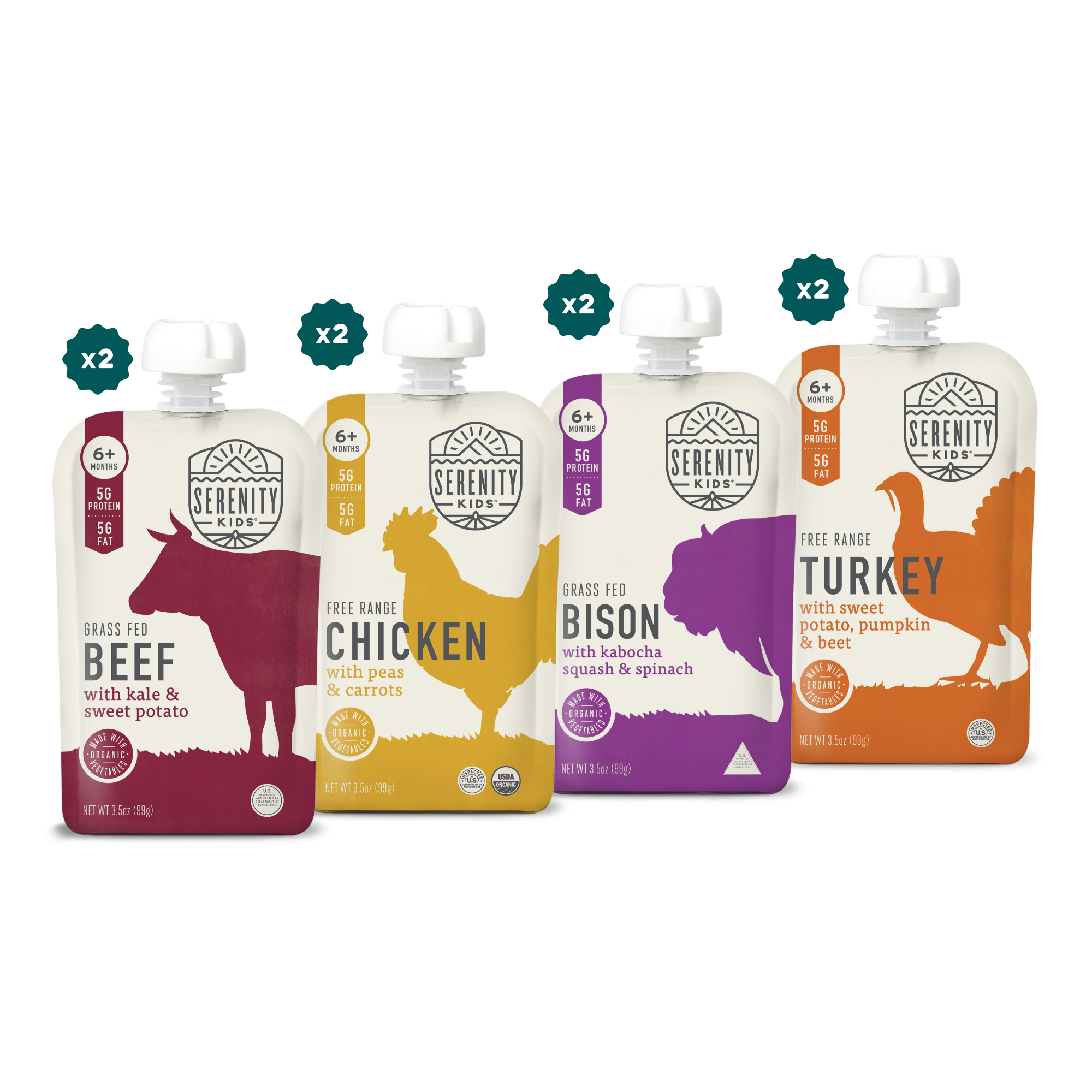 Four Serenity Kids food pouches illustrations on a white background