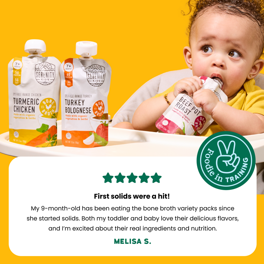 Child eating from a pouch with Serenity Baby Food pouches on a yellow background