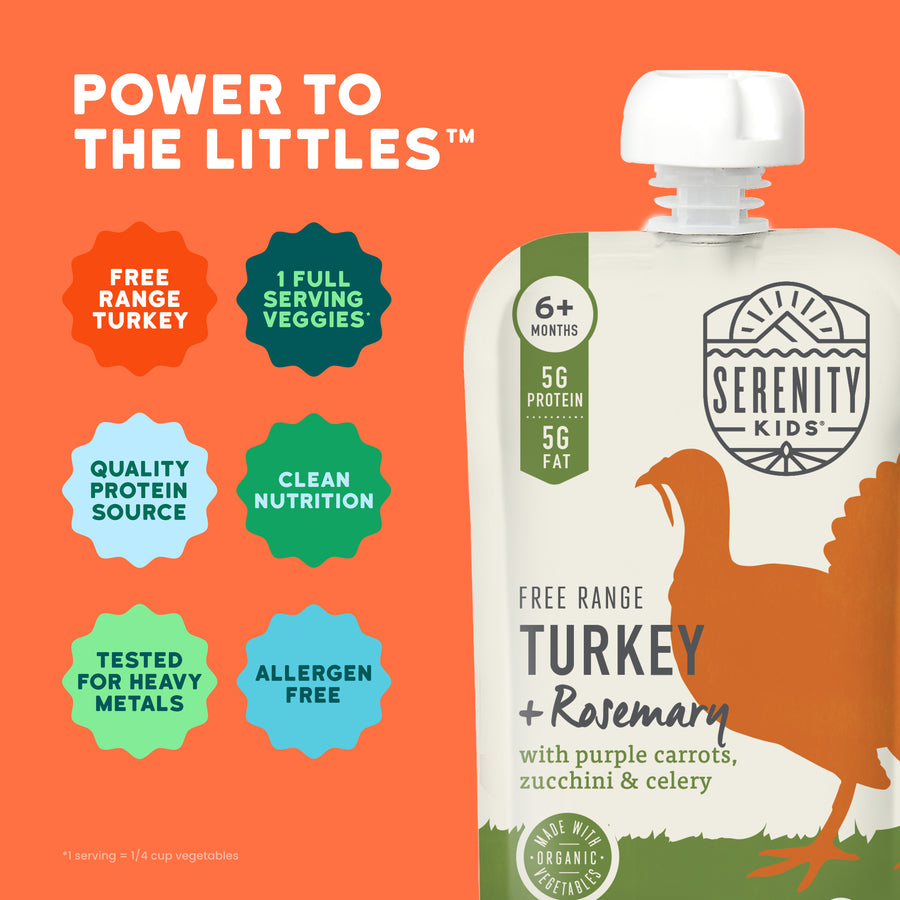 Serenity Kids free range turkey and rosemary product packaging with branding and nutritional information on an orange background.
