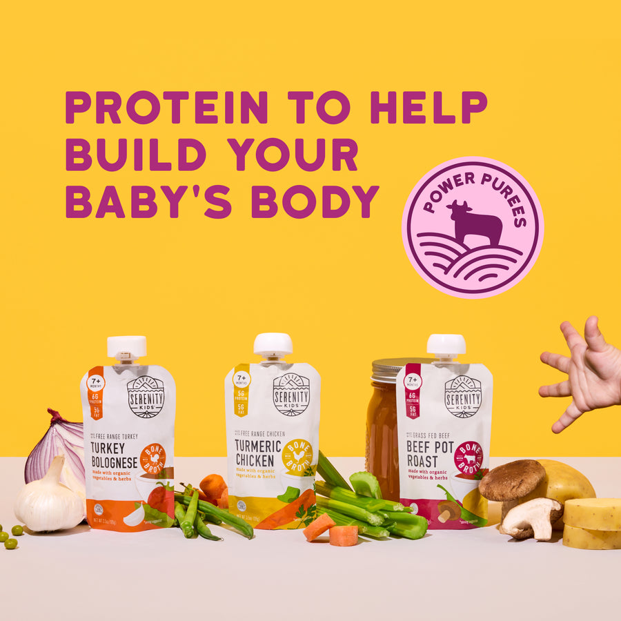 Baby food products with 'Power Purees' branding on a yellow background