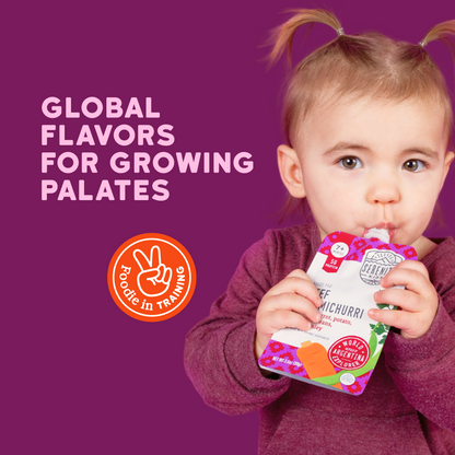 Child drinking from a baby food pouch with text 'Global Flavors for Growing Palates' on a purple background