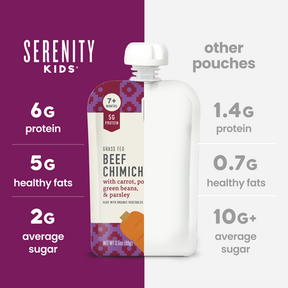 Serenity Kids Beef Chimichurri pouch with comparison  information on a purple and white background