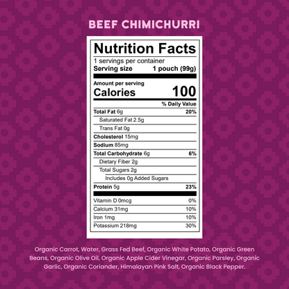 Nutrition facts label for beef chimichurri on a purple patterned background