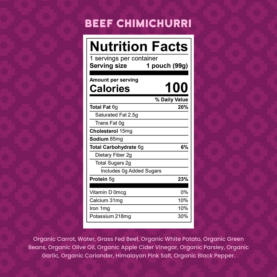 Nutrition facts label for beef chimichurri on a purple patterned background