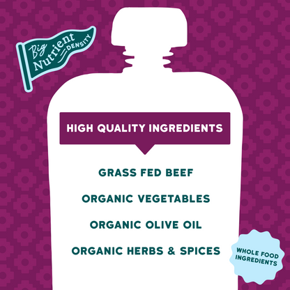 Silhouette of a pouch with text about high-quality ingredients on a purple background