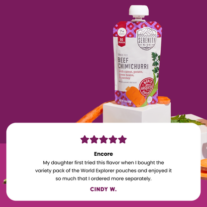 Serenity brand beef chimichurri pouch on a purple background with a five-star rating and customer review.