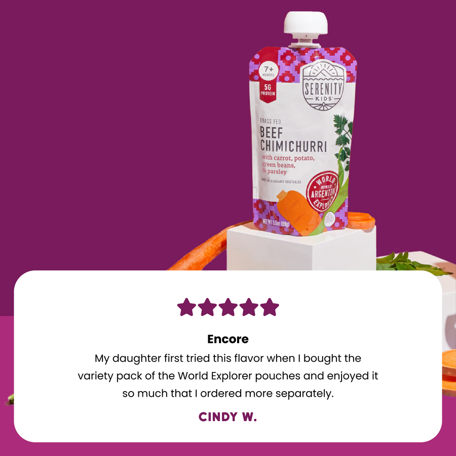 Serenity brand beef chimichurri pouch on a purple background with a five-star rating and customer review.