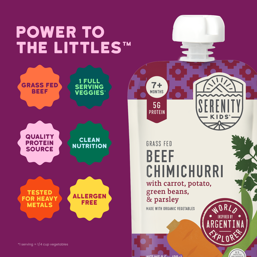 Serenity Kids beef chimichurri pouch with product details on a purple background