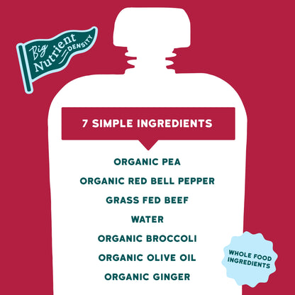 Ginger Beef Product ingredients listed on a red background, featuring 'Big Nutrient Density' branding.