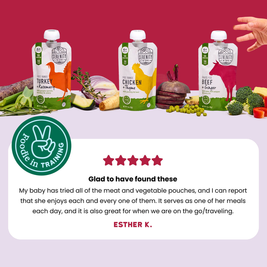 Three pouches of food with a hand reaching for one, surrounded by ingredients on a red and purple background. A five-star rating and review from Esther K.