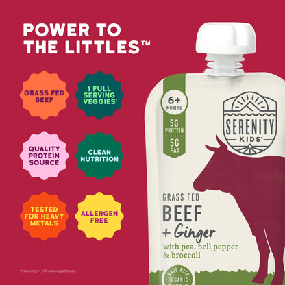 Serenity Kids grass fed beef and ginger product packaging with brand logo and product details on a red background.