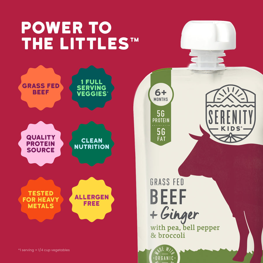Serenity Kids grass fed beef and ginger product packaging with brand logo and product details on a red background.