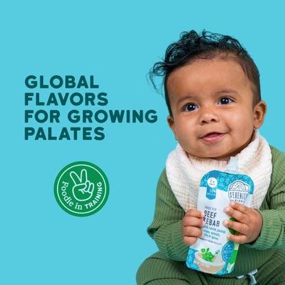 Child holding a Serenity baby food product with text 'Global Flavors for Growing Palates' on a blue background
