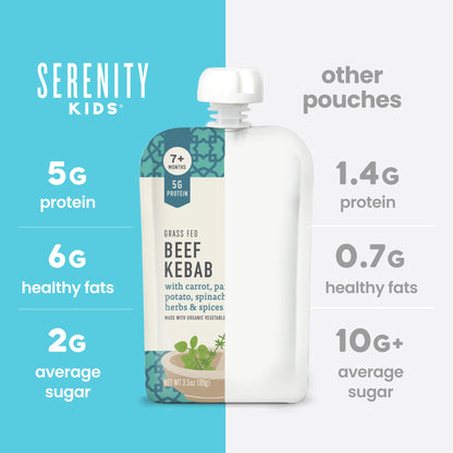 Serenity Kids beef kebab pouch with comparison information on a blue and white background