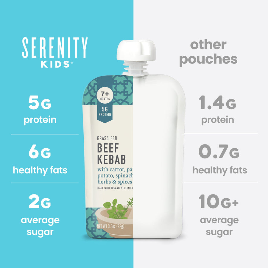 Serenity Kids beef kebab pouch with comparison information on a blue and white background