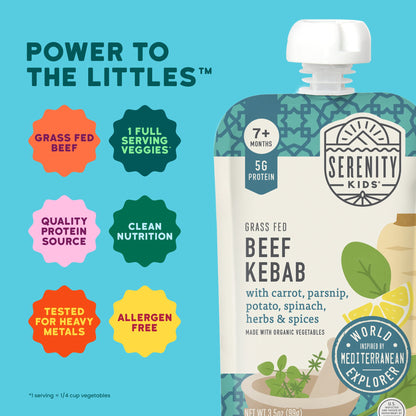 Serenity Kids grass fed beef kebab pouch with branding and product details on a blue background