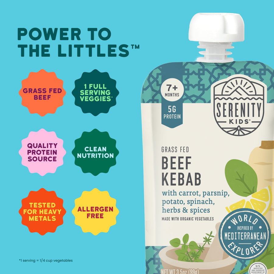 Serenity Kids grass fed beef kebab pouch with branding and product details on a blue background