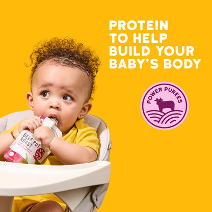 Child in a high chair with a pouch, text about protein for baby's body, and Power Purees logo on a yellow background