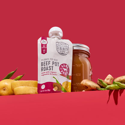 Serenity Kids beef pot roast package with a jar and vegetables on a red background
