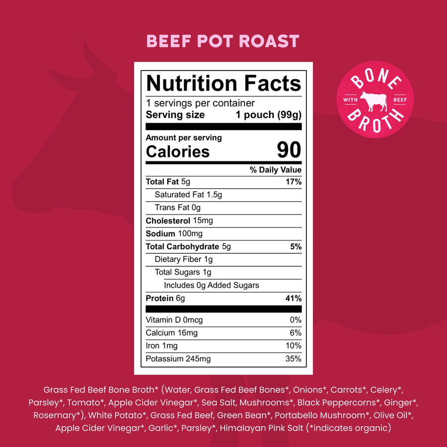 Beef Pot Roast Nutrition facts label for beef pot roast on a red background with a bone broth logo.