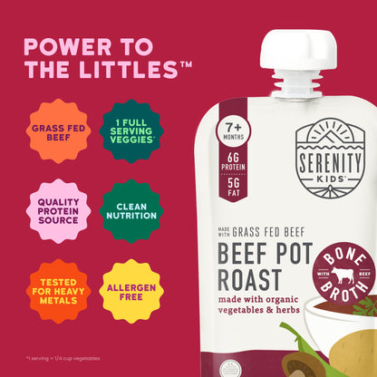 Serenity Kids beef pot roast pouch with product features on a red background