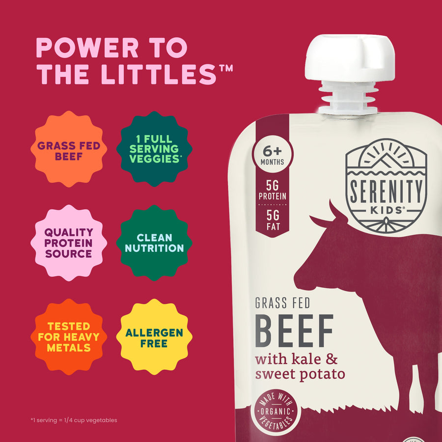 Serenity Kids grass fed beef pouch with product features on a red background
