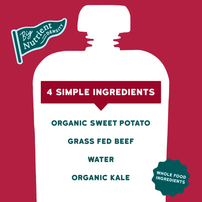 Grass Fed Beef packaging with ingredients listed on a red background