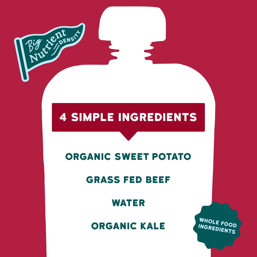 Grass Fed Beef packaging with ingredients listed on a red background