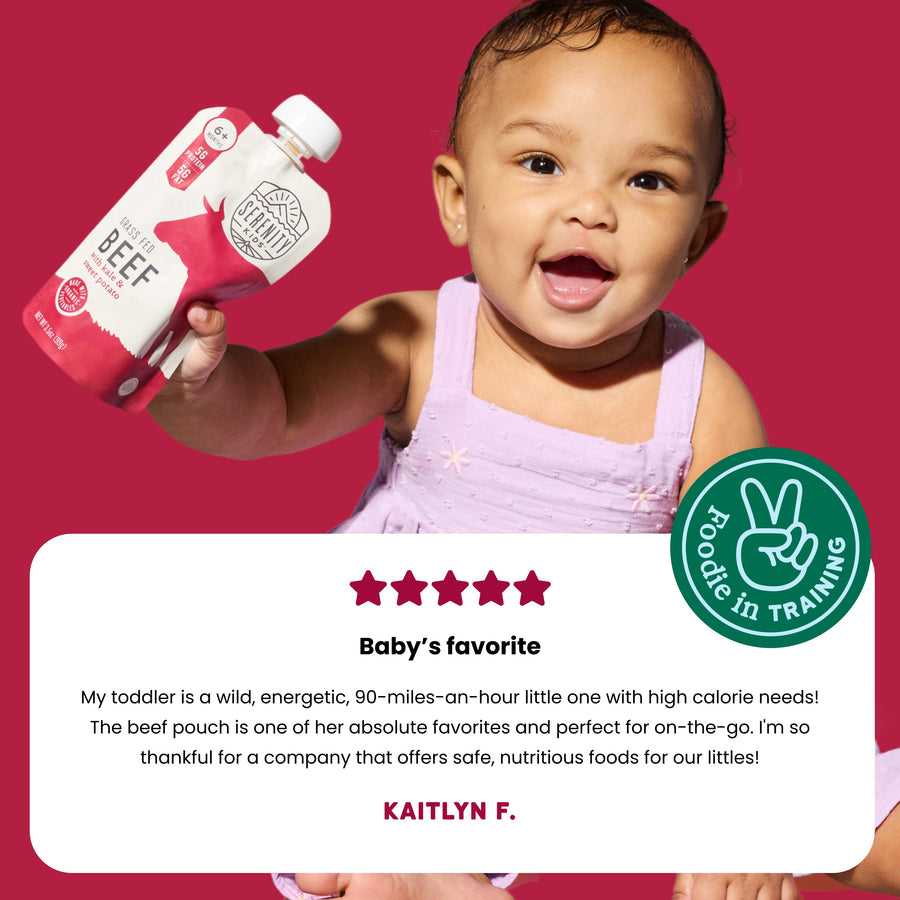 Child holding a beef pouch with a red background and review text.