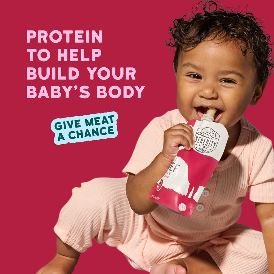 Baby holding a Serenity Farm product with text about protein and meat on a red background