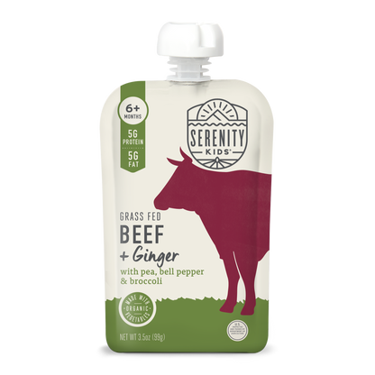Serenity Kids grass-fed beef and ginger pouch on a white background