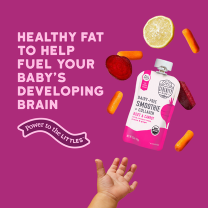 Smoothie package with vegetables on a pink background, promoting healthy fat for baby's brain development.