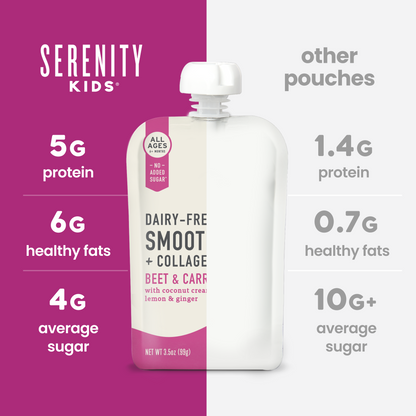 Serenity Kids product packaging with comparison information on a pink and white background