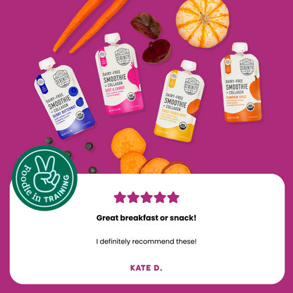 Four pouches of different flavors on a purple background with a 'Foodie in Training' logo and review text.