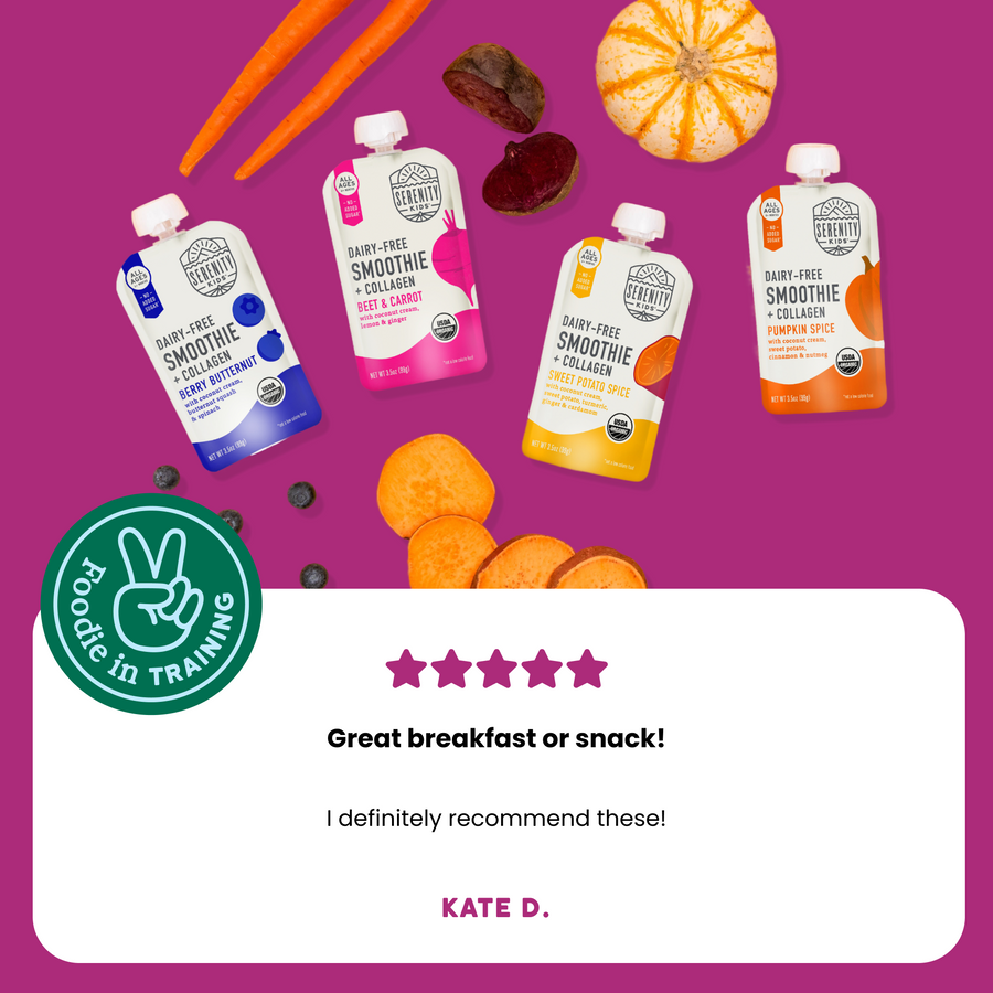 Four pouches of different flavors on a purple background with a 'Foodie in Training' logo and review text.