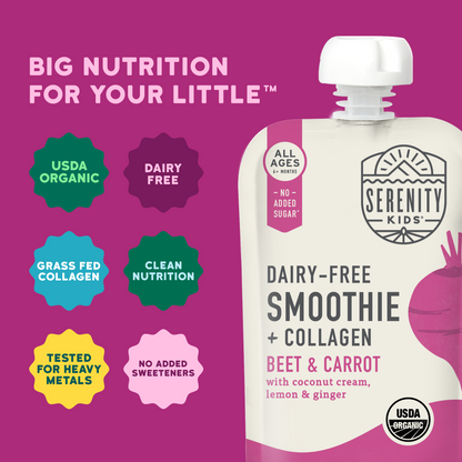 Serenity Kids Dairy-Free Smoothie + Collagen package with purple background and product details.