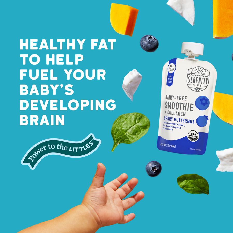 Serenity Kids smoothie pouch with blueberry, spinach, and coconut on a blue background