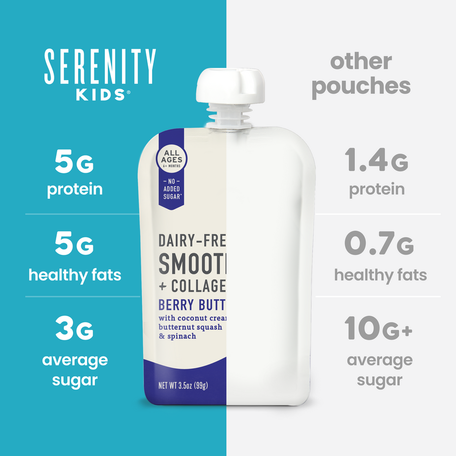 Serenity Kids product packaging with comparison information on a blue and white background