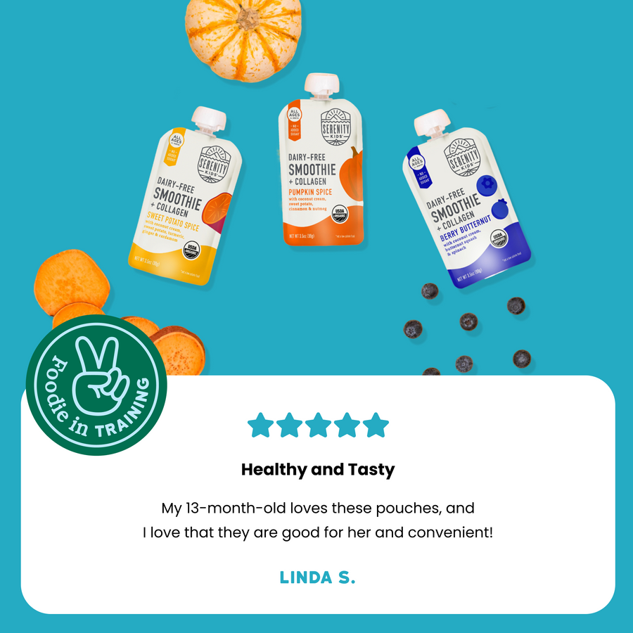 Three baby food pouches with a pumpkin and blue background, featuring a five-star rating and customer review.