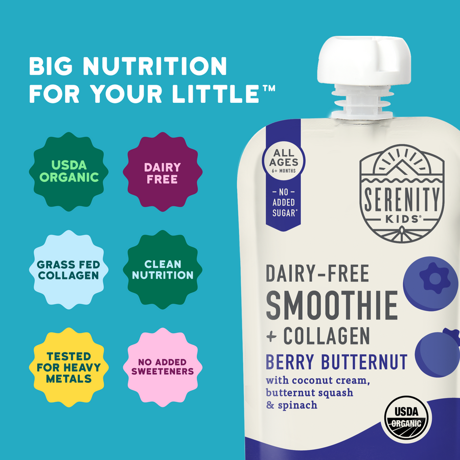 Serenity Kids Dairy-Free Smoothie + Collagen package with certification logos on a blue background