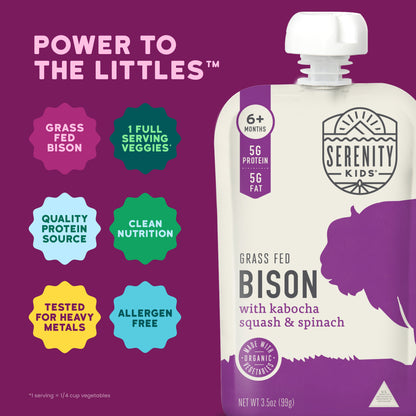Serenity Kids grass fed bison product packaging with purple background and text highlighting features.