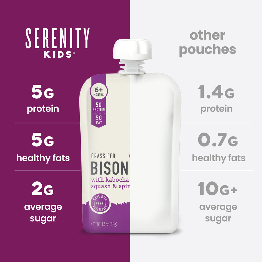 Serenity Kids bison pouch with comparison information on a purple and white background
