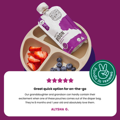 Bison meat pouch with berries on a divided plate against a purple background