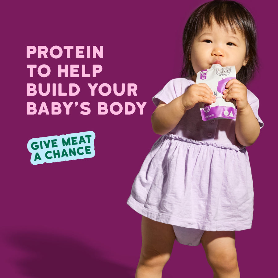 Child holding a package with text about protein for baby's body on a purple background