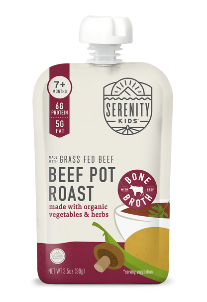 Serenity Kids beef pot roast baby food pouch on a white background